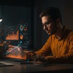 Emprendedor fintech analizando interfaz holográfica con algoritmos de IA y gráficos financieros que representan rentabilidad e inversión en startups de Latam.