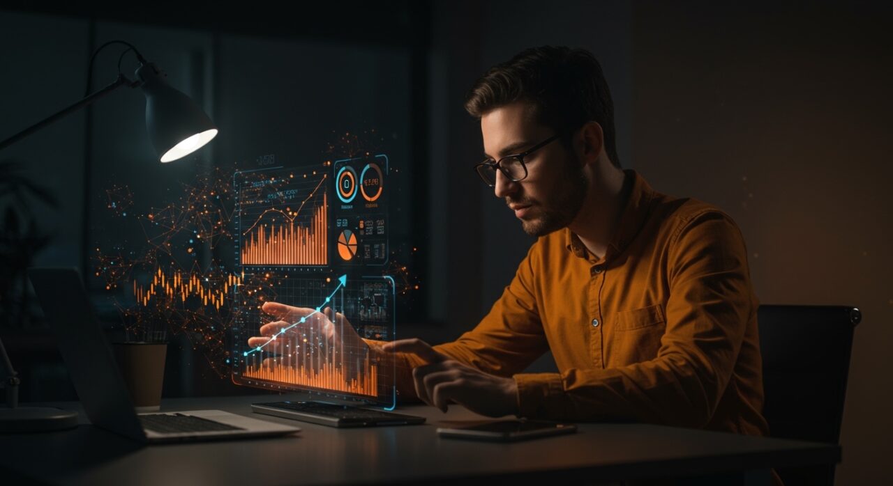 Emprendedor fintech analizando interfaz holográfica con algoritmos de IA y gráficos financieros que representan rentabilidad e inversión en startups de Latam.