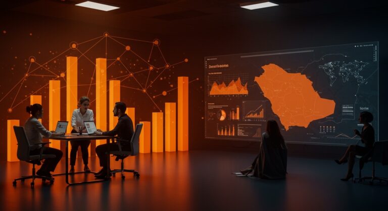 Equipo de emprendedores de startup gestionando digitalmente pymes con expansión internacional a Arabia Saudí, representando la digitalización y escalabilidad empresarial.