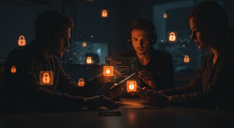 Equipo de startup frente a interfaz digital iluminada mostrando vulnerabilidades críticas en Forgejo y gestión de seguridad open source.