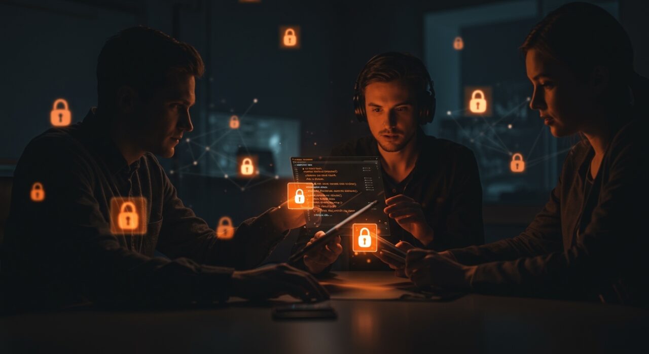 Equipo de startup frente a interfaz digital iluminada mostrando vulnerabilidades críticas en Forgejo y gestión de seguridad open source.