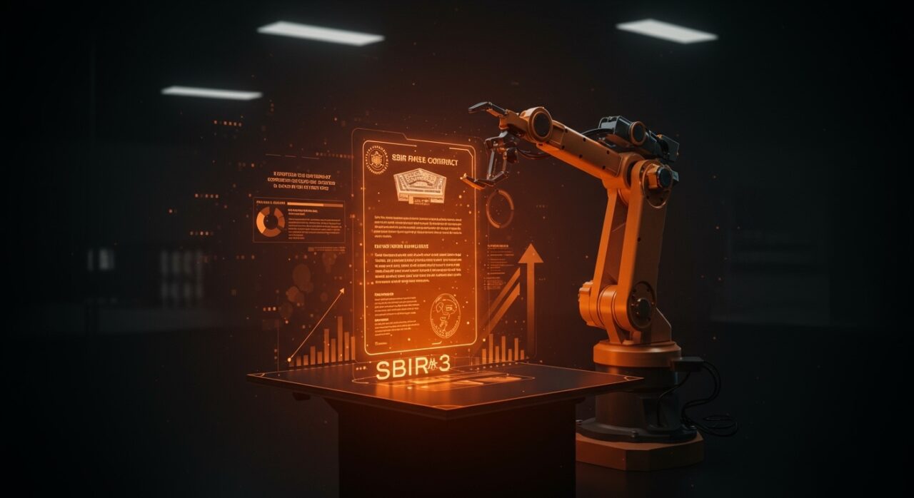 Brazo robótico de startup con contrato Pentagon SBIR Phase 3 resaltando innovación en tecnología defensa y robótica militar.