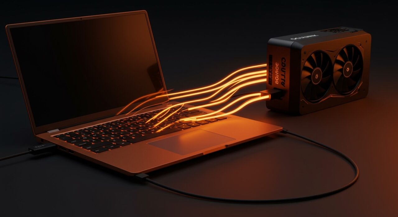 Framework Laptop 16 conectado a eGPU OCuLink con 64 Gbps, destacando potencia gráfica portátil y hardware modular innovador en ecosistema startup.