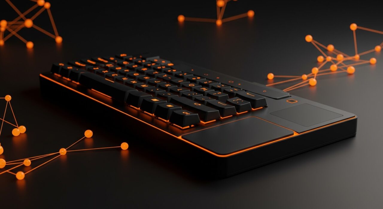 Teclado con trackpad inalámbrico modular Framework resaltado en luz naranja y negro matificado, representando la innovación en hardware modular y ecosistemas abiertos.