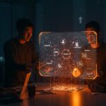 Comparativa visual de frameworks para agentes IA 2026 con fundadores tech usando hologramas y metáforas de escalabilidad y automatización.