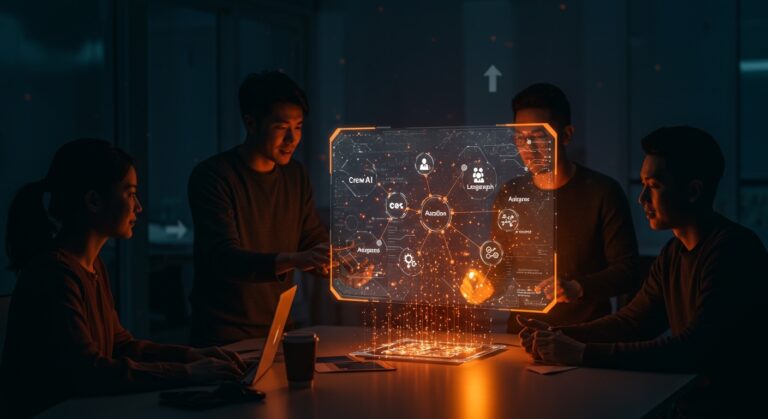 Comparativa visual de frameworks para agentes IA 2026 con fundadores tech usando hologramas y metáforas de escalabilidad y automatización.