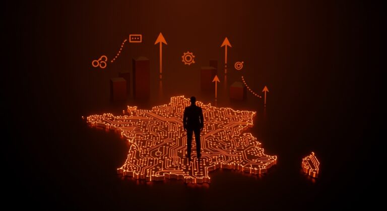 Migración de Francia a Linux en la administración pública representada con mapas digitales y símbolos de soberanía digital y software open source.