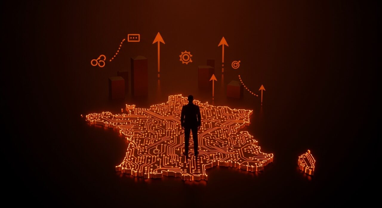 Migración de Francia a Linux en la administración pública representada con mapas digitales y símbolos de soberanía digital y software open source.