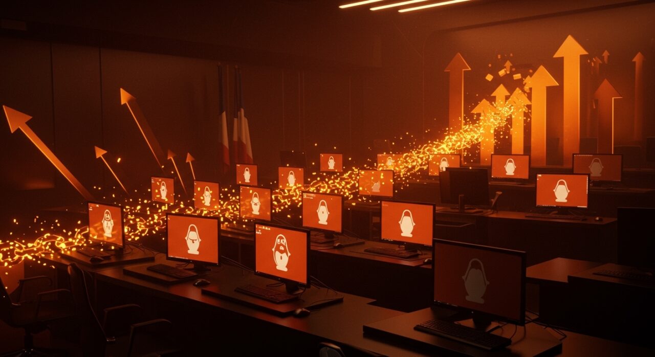 Migración masiva de PCs a Linux en la administración pública francesa simbolizada con transición digital y metáforas de soberanía digital y software libre.