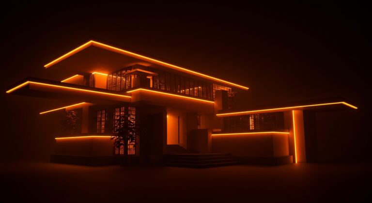 Composición arquitectónica inspirada en Frank Lloyd Wright destacando innovación, creatividad y diseño democrático para founders tech.