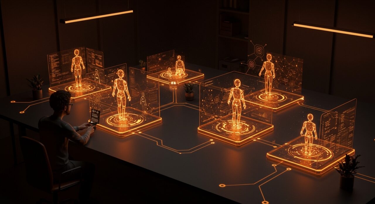 Desarrollo ágil de IA aplicada y automatización con sandboxes ligeros y agentes autónomos en integración con GitHub, en un entorno tecnológico futurista.