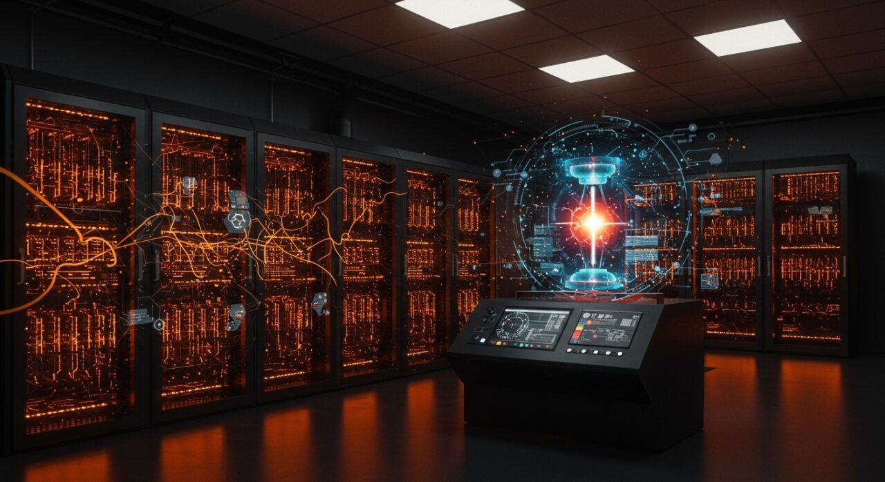 Superordenador Frontier en ORNL simulando plasma de fusión nuclear con inteligencia artificial para impulsar startups cleantech y energía exaescala.