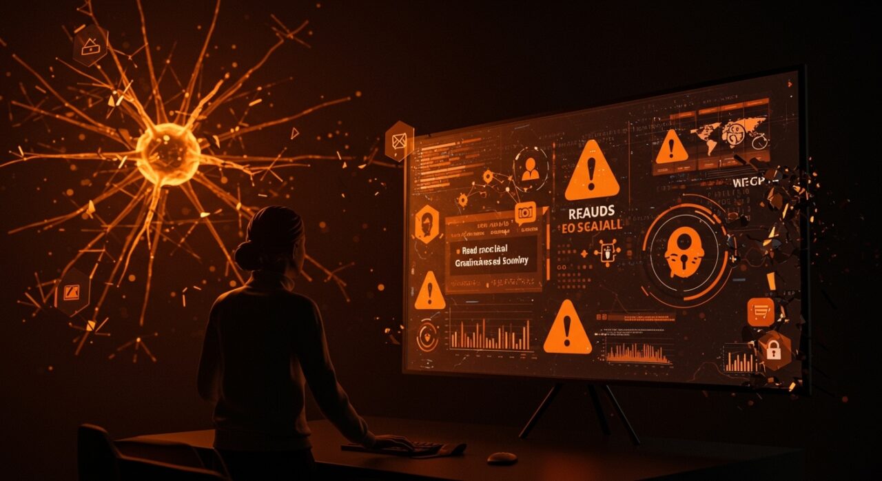 Pérdidas récord por estafas en redes sociales según reporte FTC, con alertas digitales y símbolos de protección para startups.