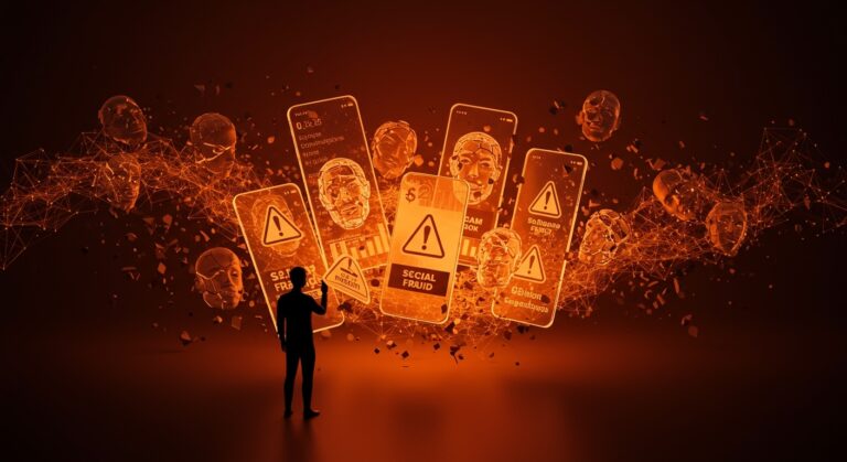 Pérdidas millonarias por estafas en redes sociales 2025 destacadas con metáforas visuales de fraudes digitales y seguridad cibernética para startups.