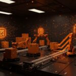 Centro de fulfillment autónomo con cubos robóticos y redes neuronales de inteligencia artificial, optimizando la logística y automatización.