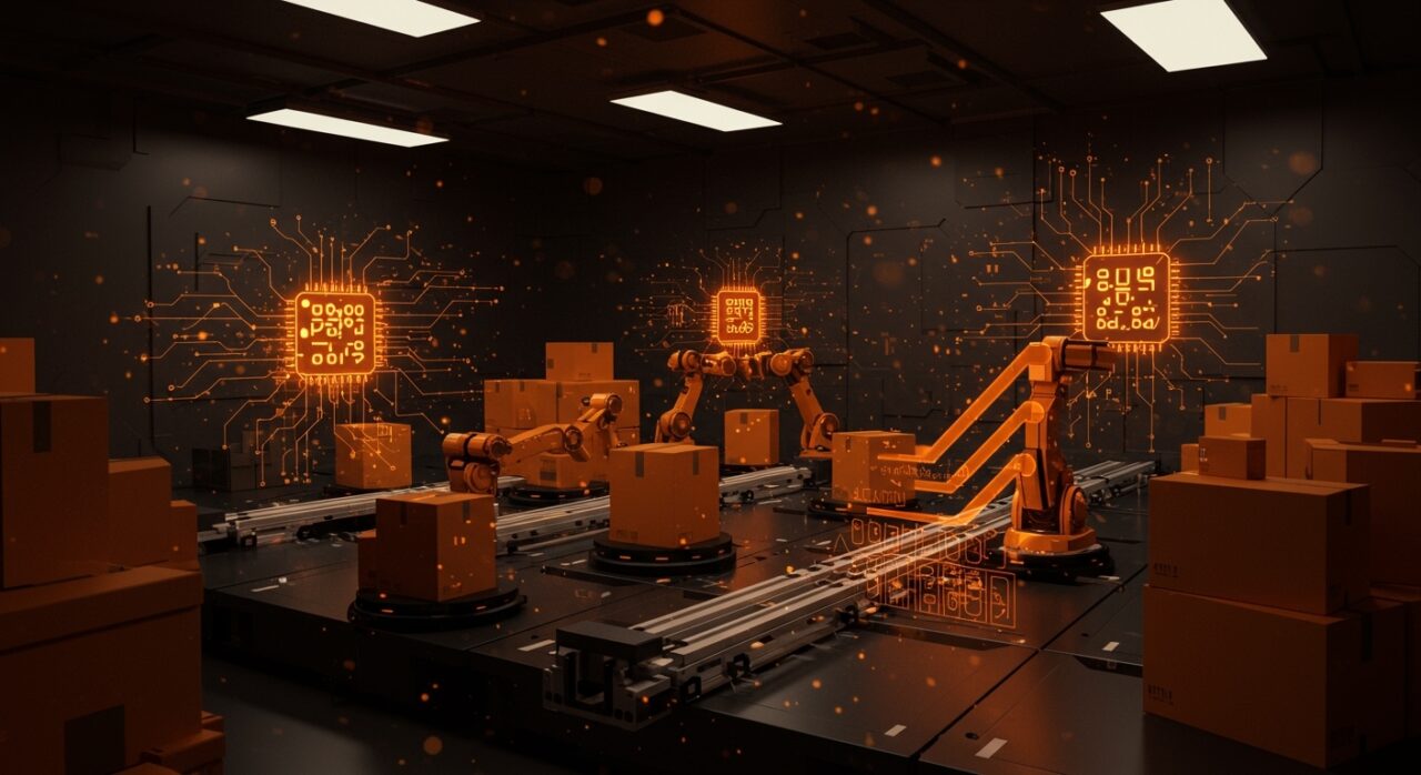 Centro de fulfillment autónomo con cubos robóticos y redes neuronales de inteligencia artificial, optimizando la logística y automatización.
