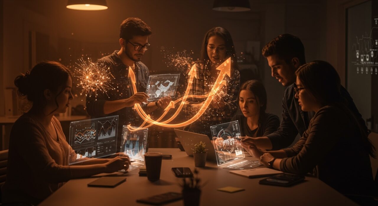 Jóvenes fundadores de startups LATAM colaborando con interfaces de inteligencia artificial, reflejando tendencias de liderazgo y crecimiento empresarial en 2026.