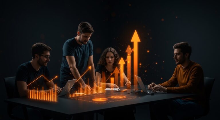 Fundings de startups españolas en 2026 con inversores y crecimiento representado en un entorno colaborativo y tecnológico en tonos naranja y negro.