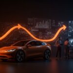 Financiación de vehículos eléctricos 2026 reflejada en un vehículo eléctrico y emprendedores colaborando, destacando inversión y tendencias en movilidad eléctrica.