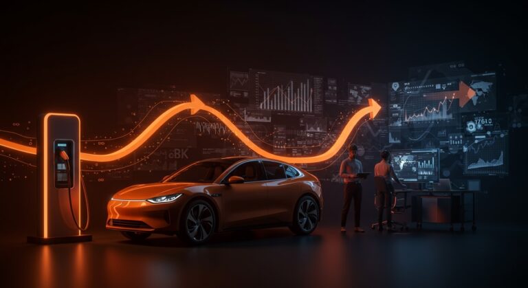 Financiación de vehículos eléctricos 2026 reflejada en un vehículo eléctrico y emprendedores colaborando, destacando inversión y tendencias en movilidad eléctrica.