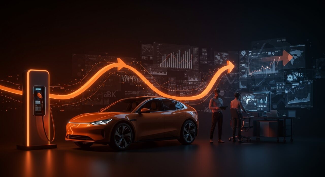 Financiación de vehículos eléctricos 2026 reflejada en un vehículo eléctrico y emprendedores colaborando, destacando inversión y tendencias en movilidad eléctrica.