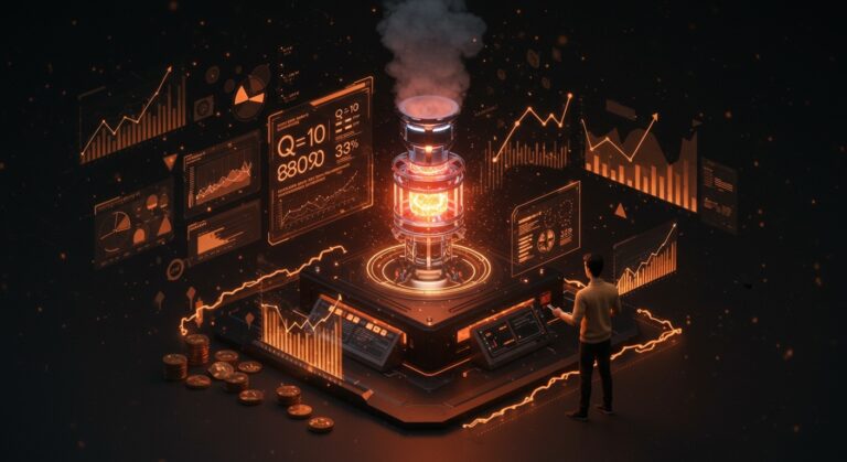 Simulador de planta de energía de fusión con eficiencia Q=10 y 33% conversión, visualizando oportunidades para startups del ecosistema de energía de fusión nuclear.