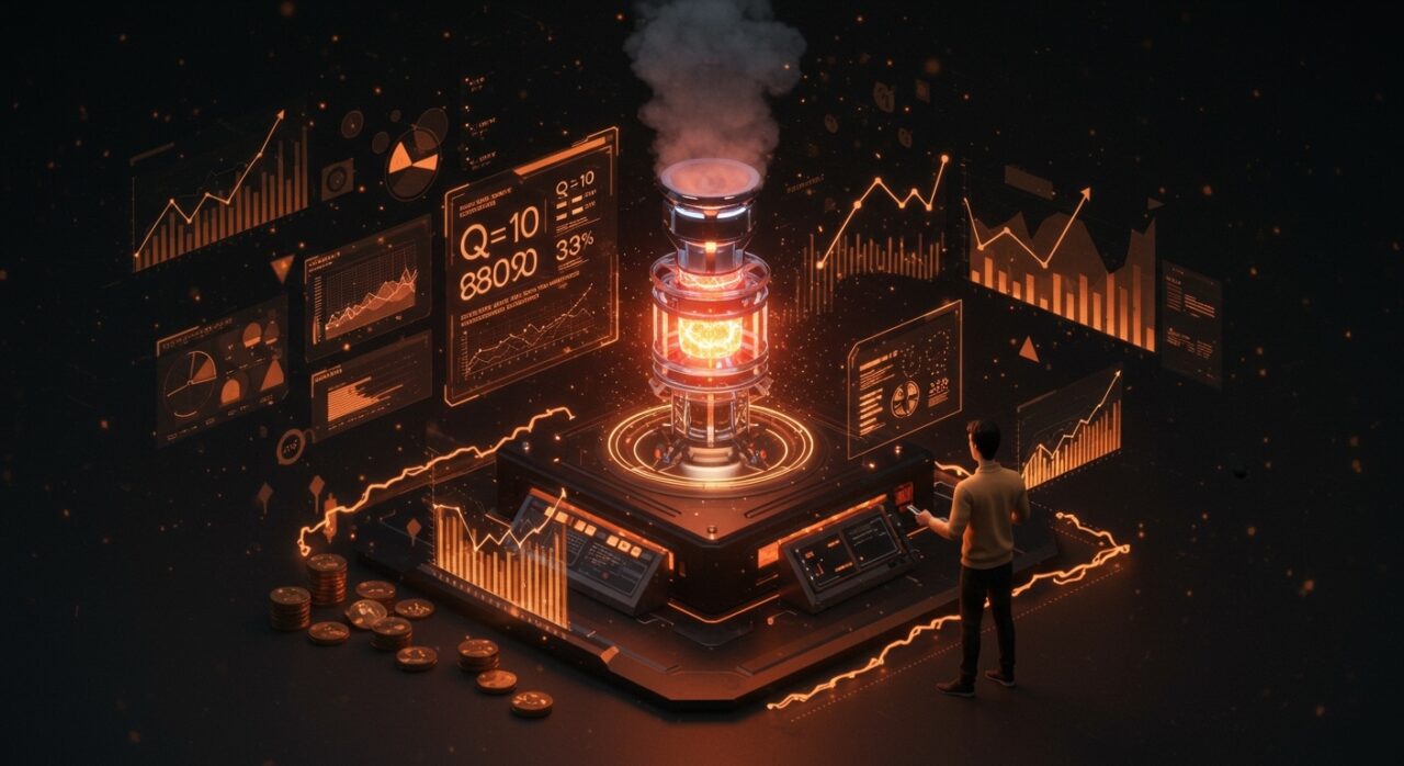 Simulador de planta de energía de fusión con eficiencia Q=10 y 33% conversión, visualizando oportunidades para startups del ecosistema de energía de fusión nuclear.