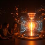Startup de fusión nuclear colaborando alrededor de una proyección holográfica brillante, destacando financiamiento y tecnologías líderes en energía limpia.