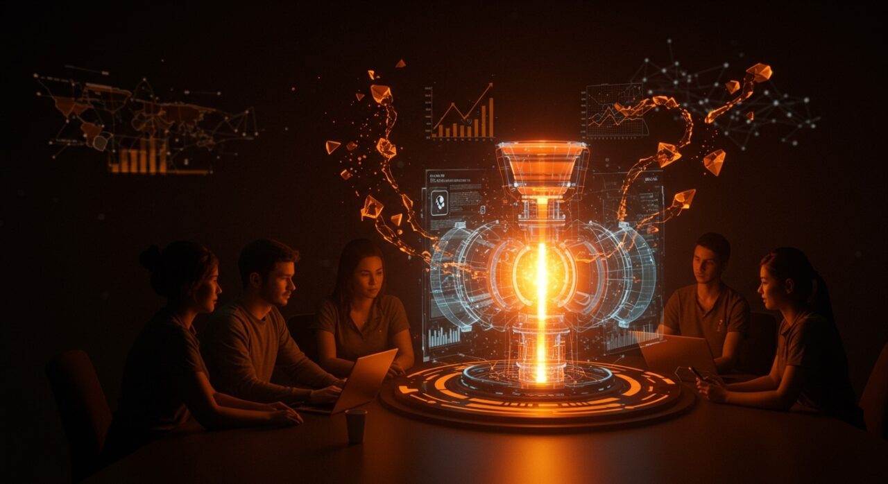 Startup de fusión nuclear colaborando alrededor de una proyección holográfica brillante, destacando financiamiento y tecnologías líderes en energía limpia.