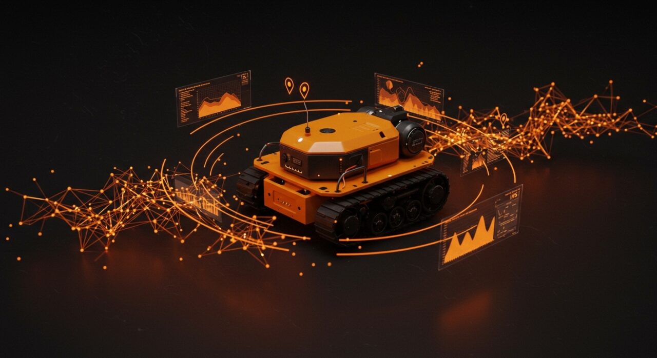 Robótica autónoma con fusión de sensores IMU, GPS y encoders usando ROS 2, representando precisión y tecnología avanzada en sistemas robotizados.