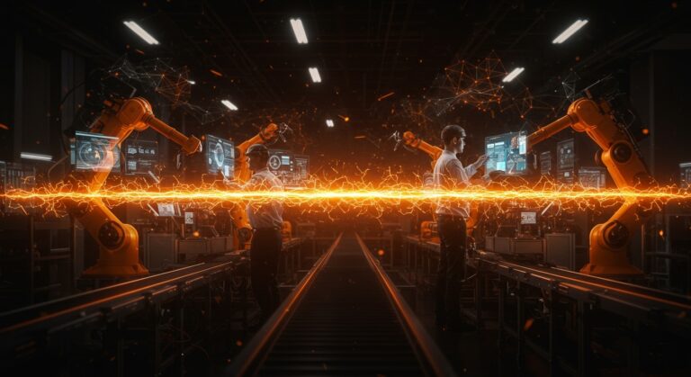 Automatización e inteligencia artificial aplicada en fábricas inteligentes transformando la industria 4.0 con colaboración humano-robot.