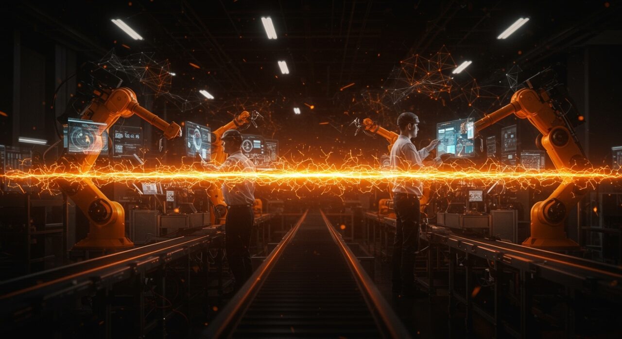 Automatización e inteligencia artificial aplicada en fábricas inteligentes transformando la industria 4.0 con colaboración humano-robot.