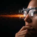 Persona usando gafas inteligentes con símbolos de privacidad, ética e inteligencia artificial, ilustrando desafíos y claves para startups en Latam.