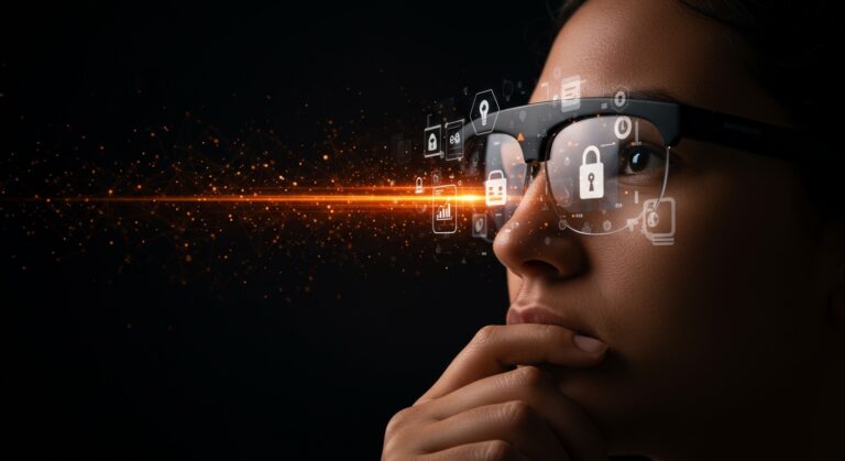Persona usando gafas inteligentes con símbolos de privacidad, ética e inteligencia artificial, ilustrando desafíos y claves para startups en Latam.