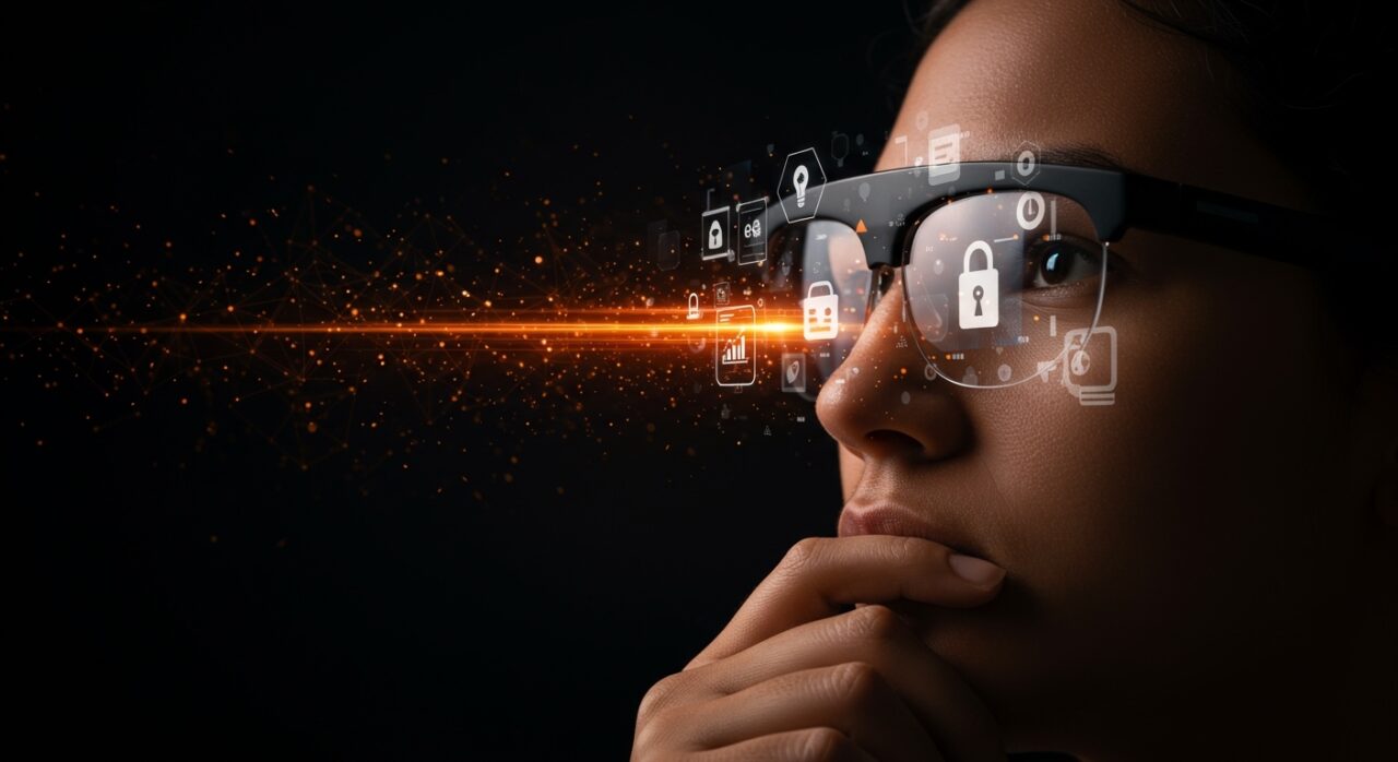 Persona usando gafas inteligentes con símbolos de privacidad, ética e inteligencia artificial, ilustrando desafíos y claves para startups en Latam.