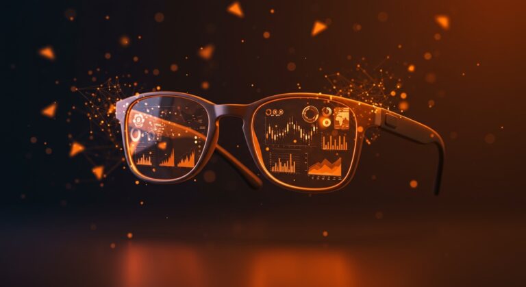 Gafas inteligentes futuristas de Meta Ray-Ban con interfaces digitales y crecimiento del mercado wearable tech en 2026.
