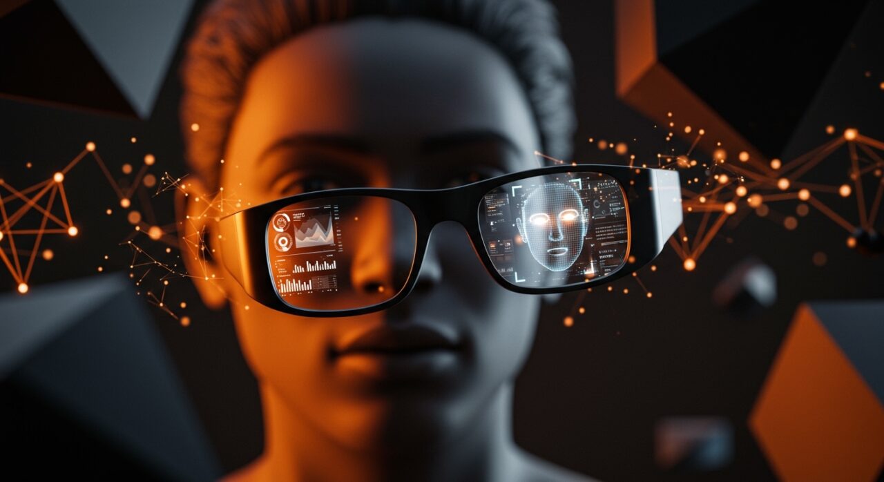 Gafas inteligentes con proyecciones holográficas que simbolizan riesgos éticos y privacidad en inteligencia artificial para startups tecnológicas.