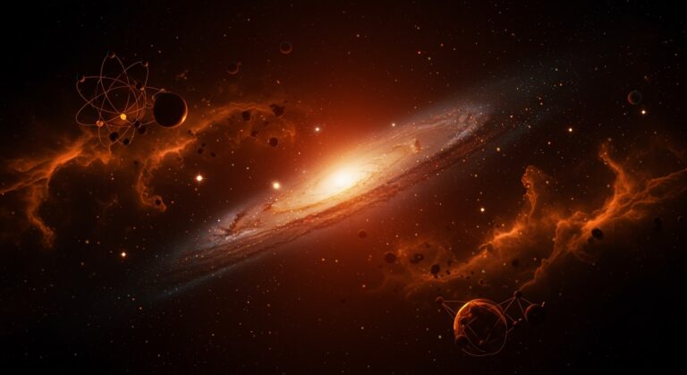 Galaxia sin materia oscura con simbolismos de innovación científica y avances tecnológicos en astrofísica.