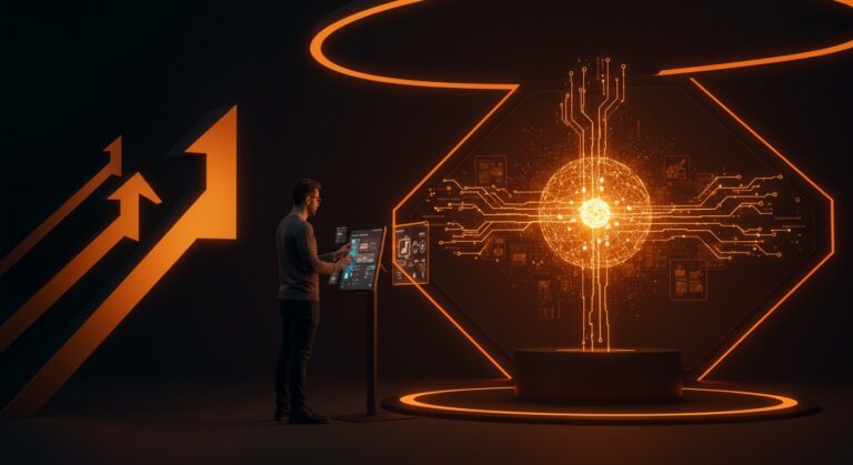 Fundador de startup tecnológica interactuando con interfaces digitales bancarias innovadoras en tecnoparque de Turquía, representando soluciones financieras ágiles de Garanti BBVA.