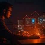 Imagen editorial de desarrollador trabajando con GCC 16 y soporte para C++20, AMD Zen 6 y Intel Wildcat Lake, destacando innovación en startups tecnológicas.