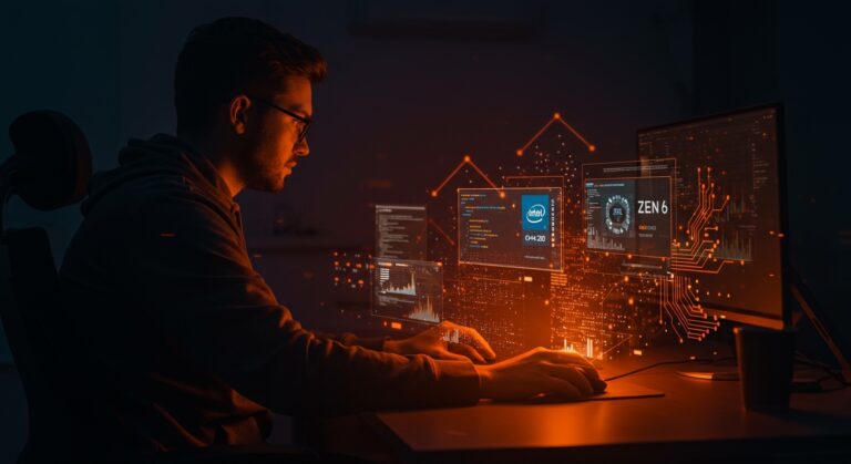 Imagen editorial de desarrollador trabajando con GCC 16 y soporte para C++20, AMD Zen 6 y Intel Wildcat Lake, destacando innovación en startups tecnológicas.