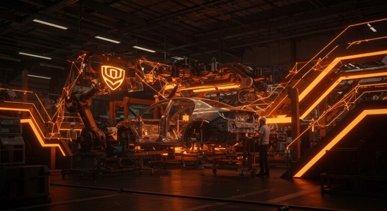 Fábrica automotriz compartida de Geely con elementos que representan estrategia empresarial y tendencias de movilidad.