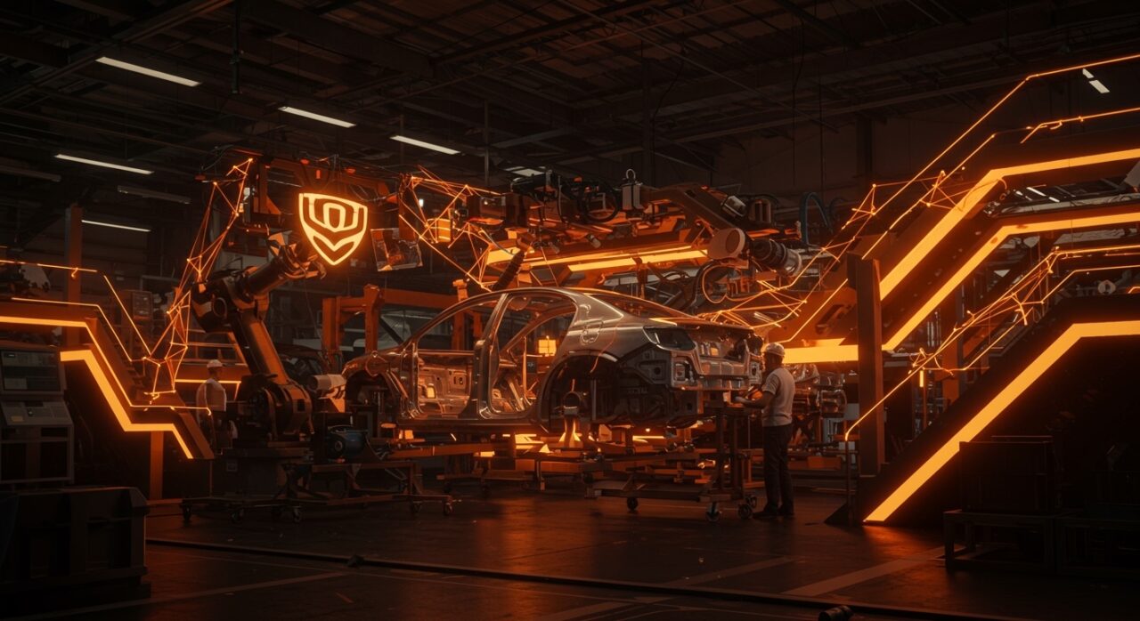 Fábrica automotriz compartida de Geely con elementos que representan estrategia empresarial y tendencias de movilidad.