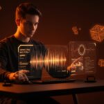 Imagen futurista de fundador interactuando con interfaz holográfica generando música gratis con Lyria 3 Pro en Gemini Drop abril 2026, destacando innovación en IA y automatización.