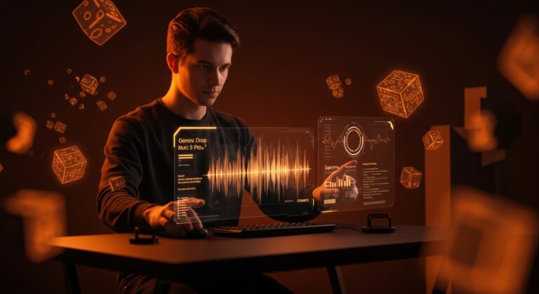 Imagen futurista de fundador interactuando con interfaz holográfica generando música gratis con Lyria 3 Pro en Gemini Drop abril 2026, destacando innovación en IA y automatización.