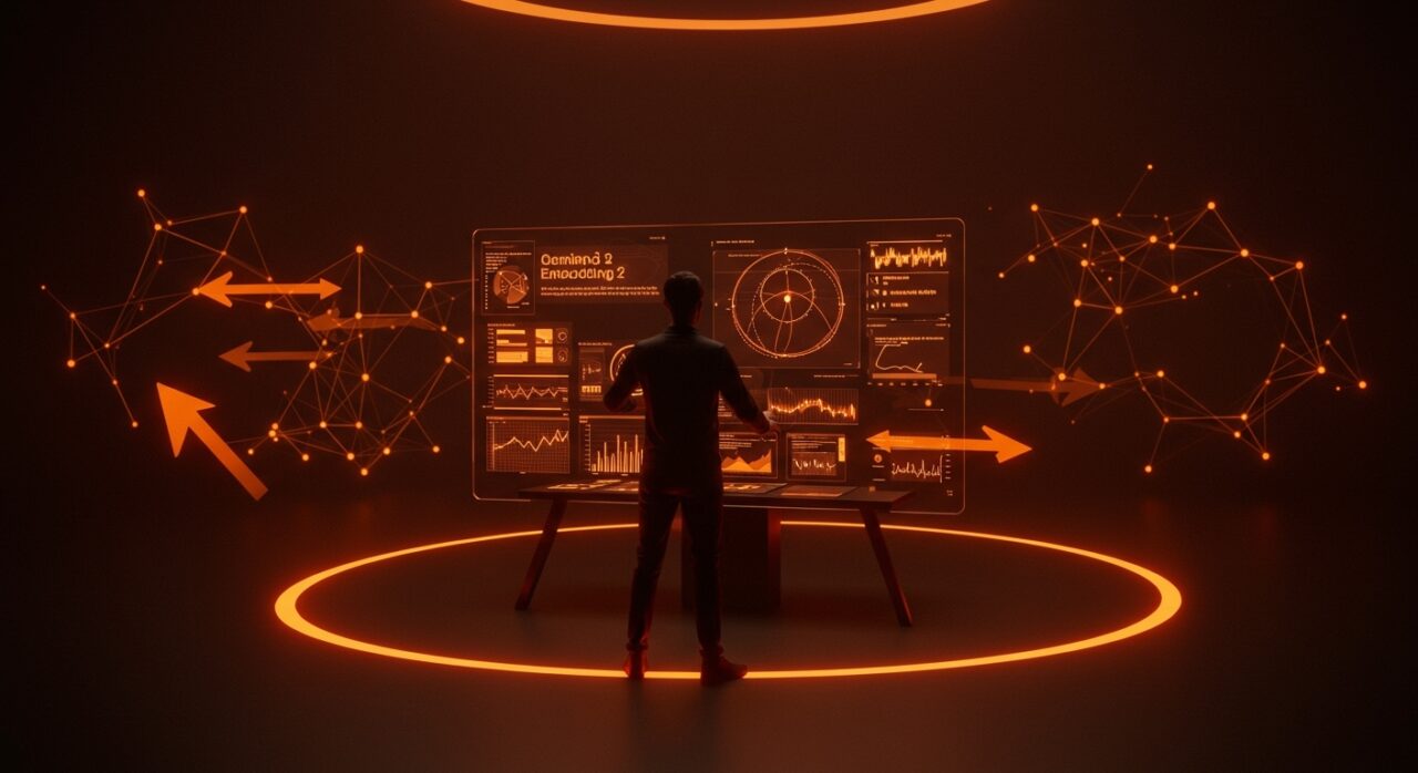 Visualización futurista de Google Gemini Embedding 2 mostrando embeddings multimodales en 100 idiomas y comparación de precios para startups de IA.