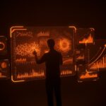 Fundador de startup interactuando con modelos digitales de IA empresarial y automatización para escalar productividad y ROI.