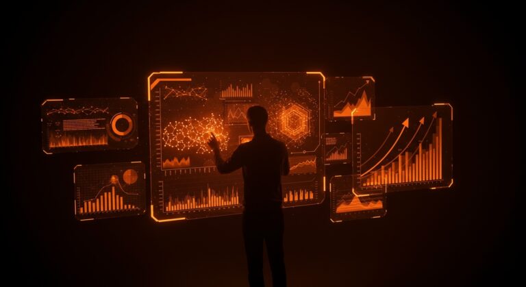 Fundador de startup interactuando con modelos digitales de IA empresarial y automatización para escalar productividad y ROI.