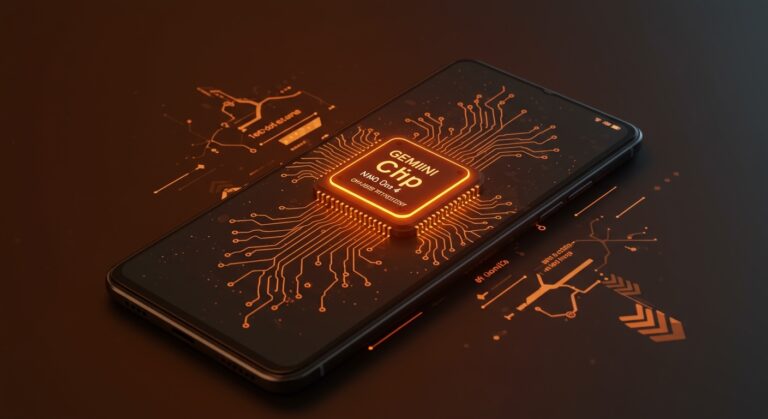 Gemini Nano 4 IA on-device para Android mostrando procesamiento ultrarrápido y eficiente con enfoque en privacidad y bajo consumo energético.