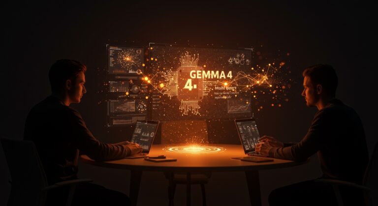Equipo startup trabajando con la inteligencia artificial abierta Gemma 4 de Google, mostrando innovación multimodal con licencia Apache 2.0.